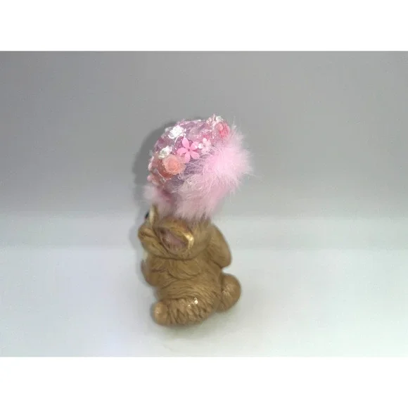 Vintage Ceramic Sitting Pretty Easter Bunny Poof Faux Fur Flower Hat Deb O. OOAK - Picture 14 of 16